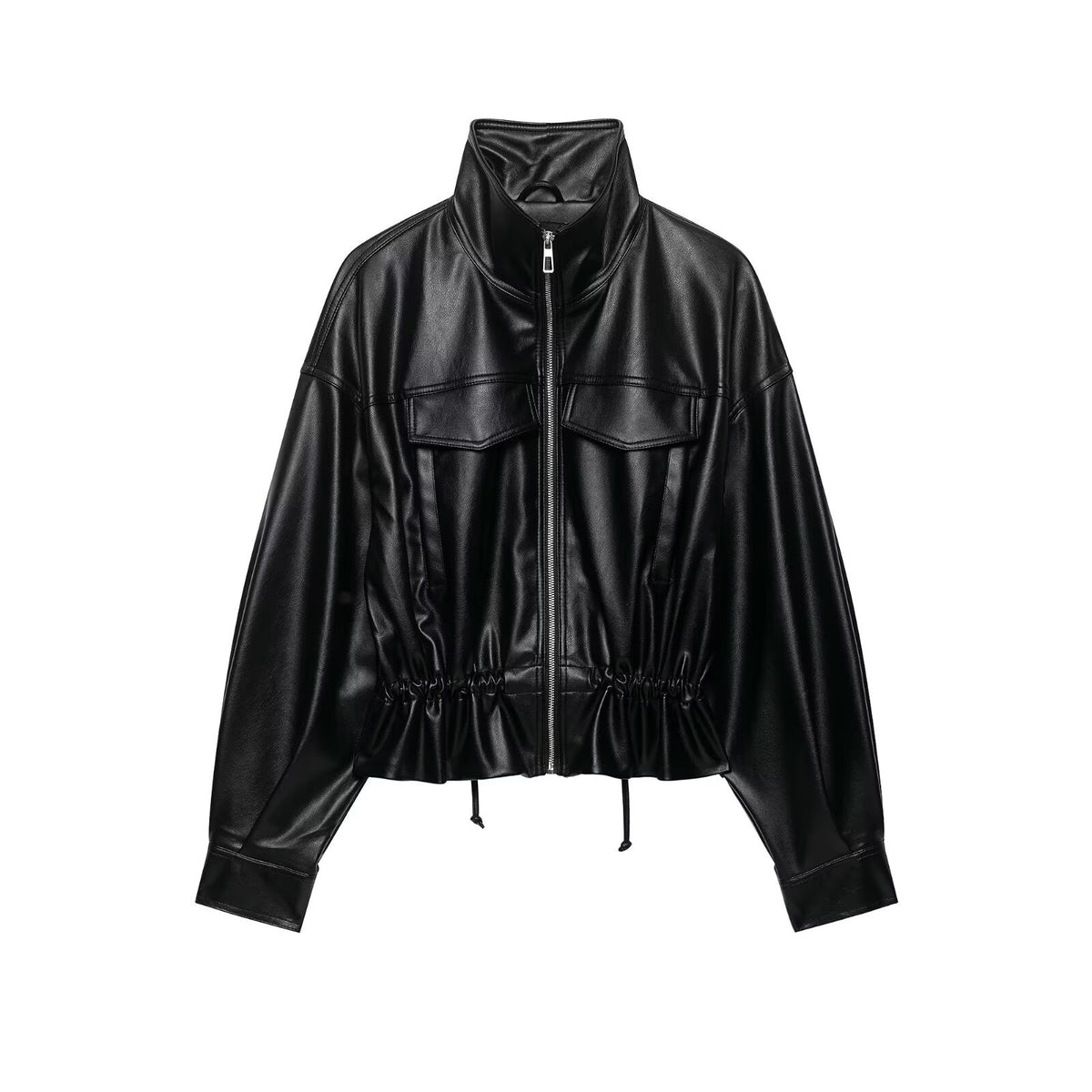 Women's Oversized Faux Leather Bomber Jacket with Funnel Neck, Drawstring Waist, and Flap Pockets EVA-US
