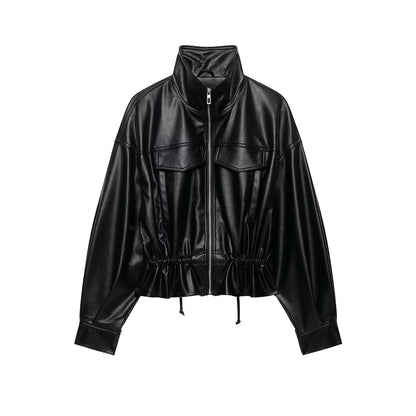 Women's Oversized Faux Leather Bomber Jacket with Funnel Neck, Drawstring Waist, and Flap Pockets EVA-US
