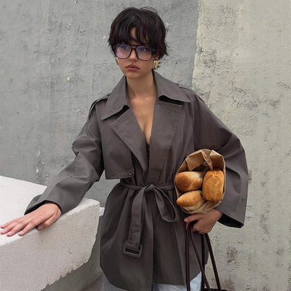 Women Short Trench Coat with Tied Belt and Oversized Sleeves EVA-US