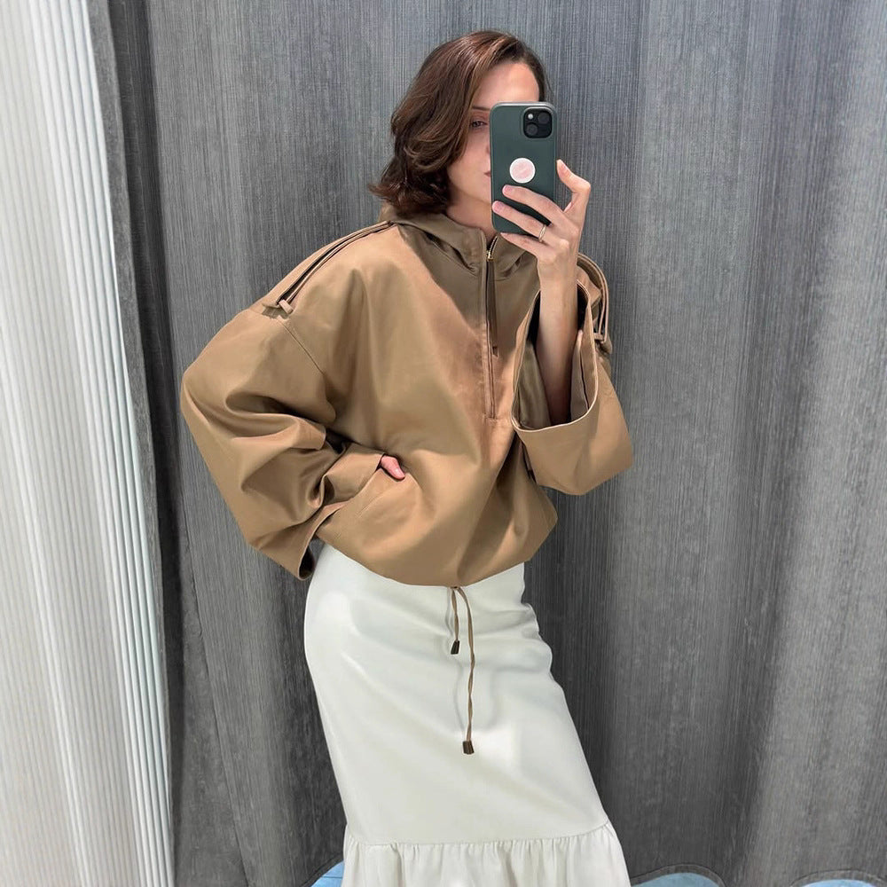 Women Oversize Hoodie with Half Zipper, Balloon Sleeves & Drawstring Hood