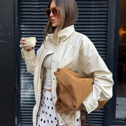 Women's Oversized Faux Leather Jacket with Stand-up Collar and Drawstring