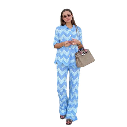 Women's fine knit two-piece set in chevron pattern with shirt collar and wide leg EVA-US