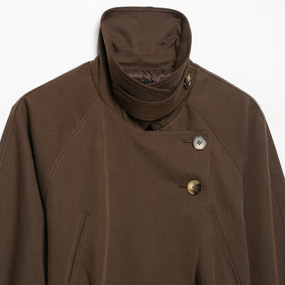 Women's short trench coat with high stand-up collar, tie belt, and asymmetrical button placket EVA-US