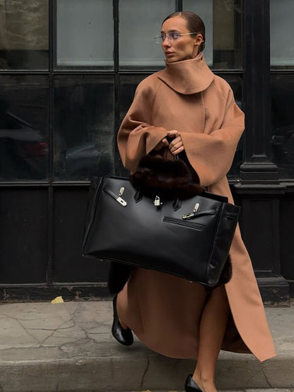 Women Maxilength Oversize Wool Blend Coat with Oversized Stand Collar and Balloon-like Sleeves EVA-US