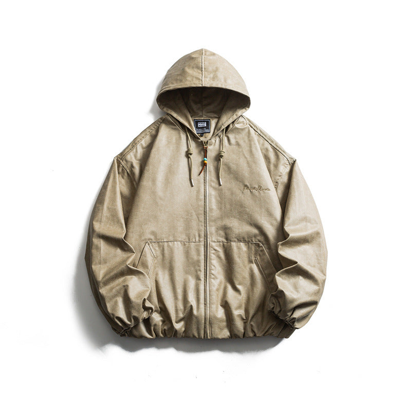Men's short-cut faux leather hooded jacket in boxy cut with elastic hem and kangaroo pockets EVA-US