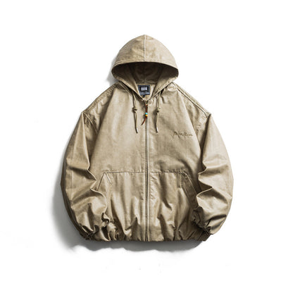 Men's short-cut faux leather hooded jacket in boxy cut with elastic hem and kangaroo pockets EVA-US