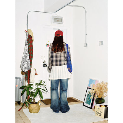 Women's short-cut hooded shirt jacket in checkered look with drawstring hem EVA-US