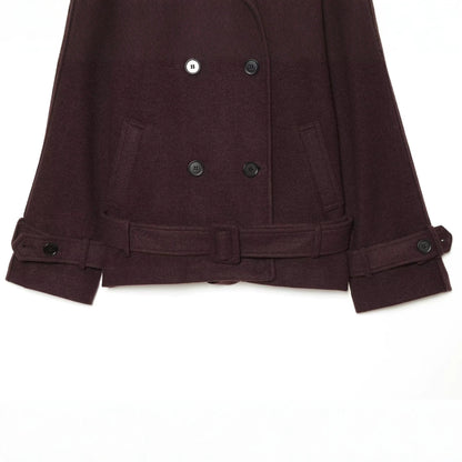 Ladies short coat double-breasted wool blend with high standing collar and belt EVA-US