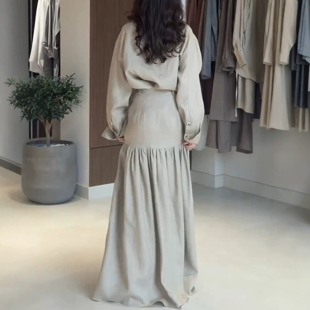 Women Two-Piece Oversized Shirt and Maxi Skirt Set with High Waist & Continuous Button Placket EVA-US
