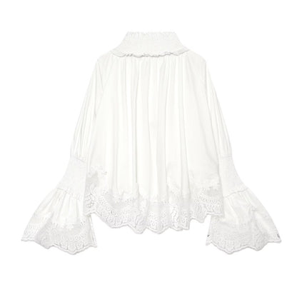 Ladies Romantic Blouse with Smocking Collar, Bell Sleeves and Lace Trim