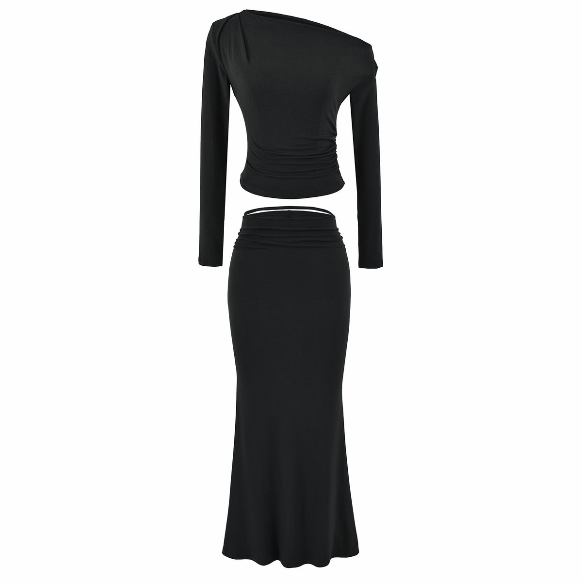 Women's One-Shoulder Two-Piece Set with Ruched Crop Top and Fitted Maxi Skirt EVA-US