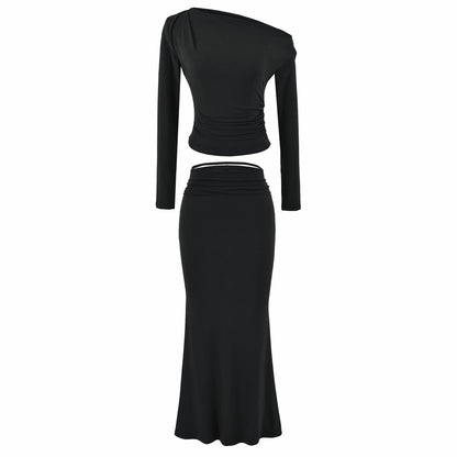 Women's One-Shoulder Two-Piece Set with Ruched Crop Top and Fitted Maxi Skirt EVA-US