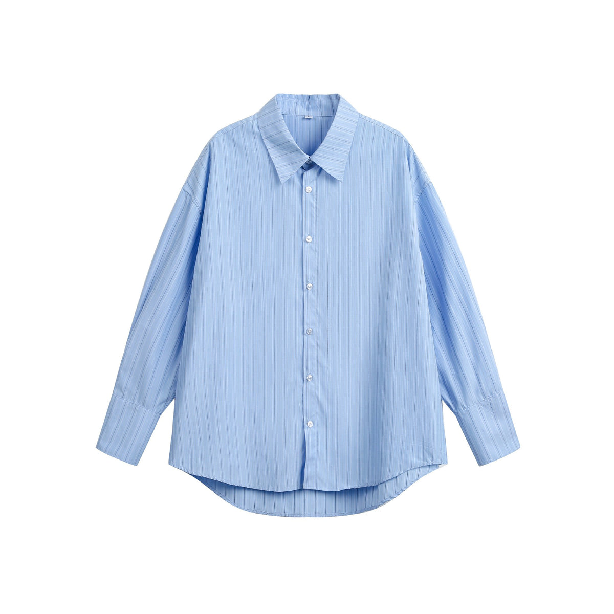 Women's oversized shirt blouse with fine pinstripe texture and rounded hem.