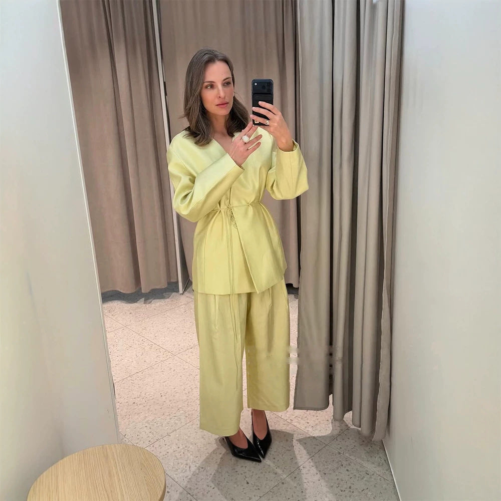 Women's wrap blazer with drawstring and wide culotte pants two-piece EVA-US