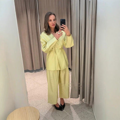 Women's wrap blazer with drawstring and wide culotte pants two-piece EVA-US