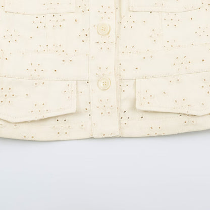 Ladies short jacket made of broderie anglaise with stand-up collar and patch pockets EVA-US