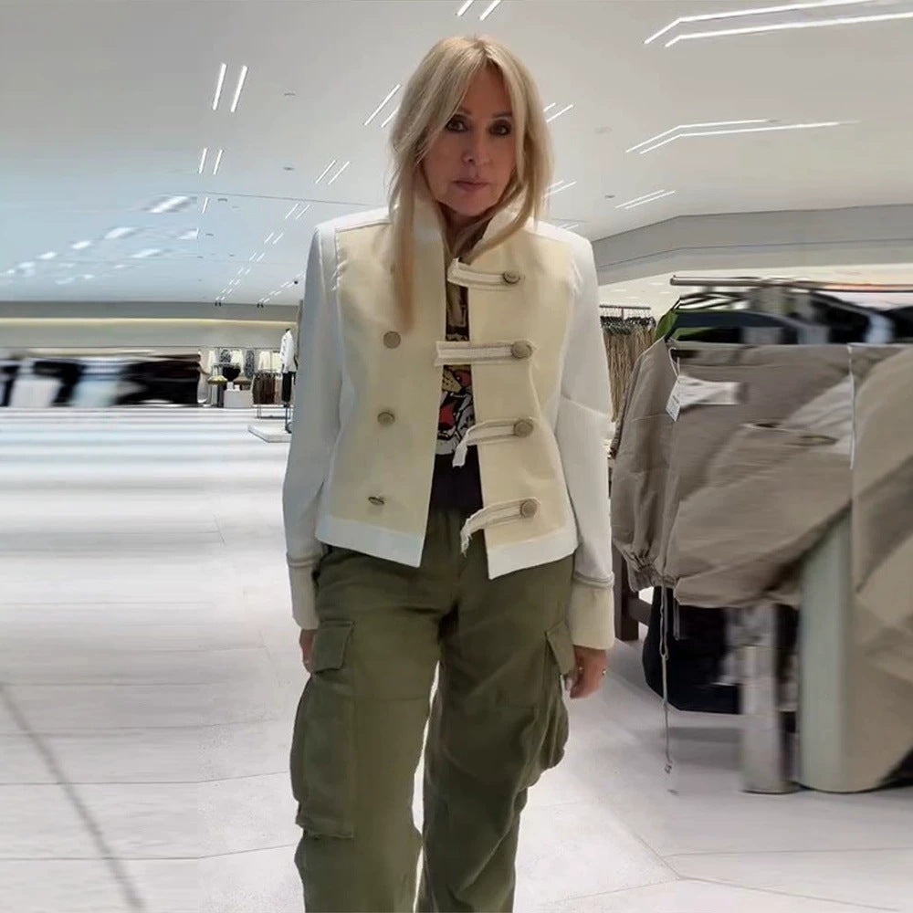 Ladies short jacket in military-inspired satin look with stand-up collar EVA-US