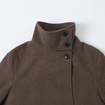 Women's wool coat with stand-up collar, tie belt and asymmetric button placket EVA-US