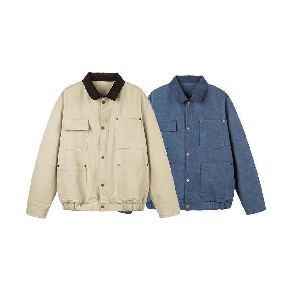 Unisex Short Cut Canvas Field Jacket with Cord Collar and Four Patch Pockets EVA-US