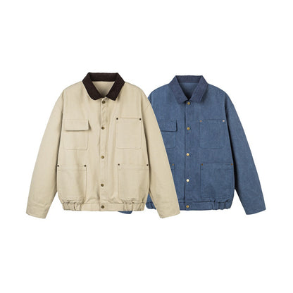 Unisex Short Cut Canvas Field Jacket with Cord Collar and Four Patch Pockets EVA-US