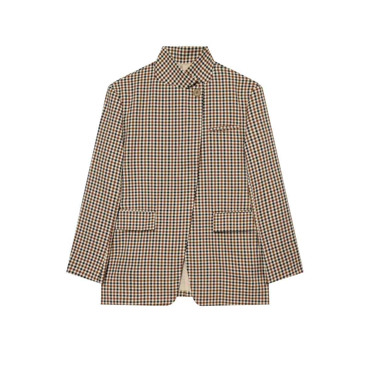 Women Checked Long Blazer with Stand Collar, Concealed Button Placket and Flap Pockets EVA-US