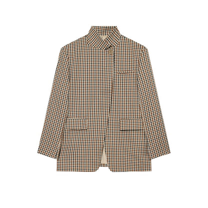 Women Checked Long Blazer with Stand Collar, Concealed Button Placket and Flap Pockets EVA-US