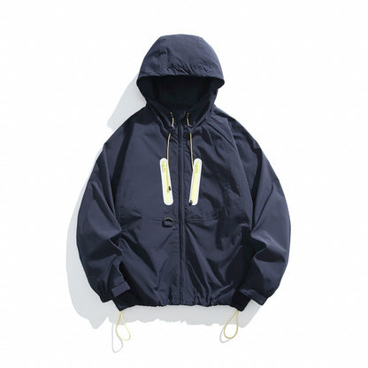 Unisex Technical Hooded Windbreaker in Boxy Cut with Vertical Chest Zippers and Drawstring Hem EVA-US