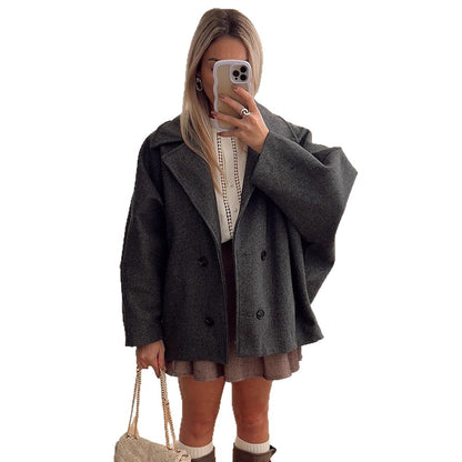 Women's Boxy Wool Blend Cocoon Jacket with Double-Breasted Button Placket and Wide Lapels EVA-US