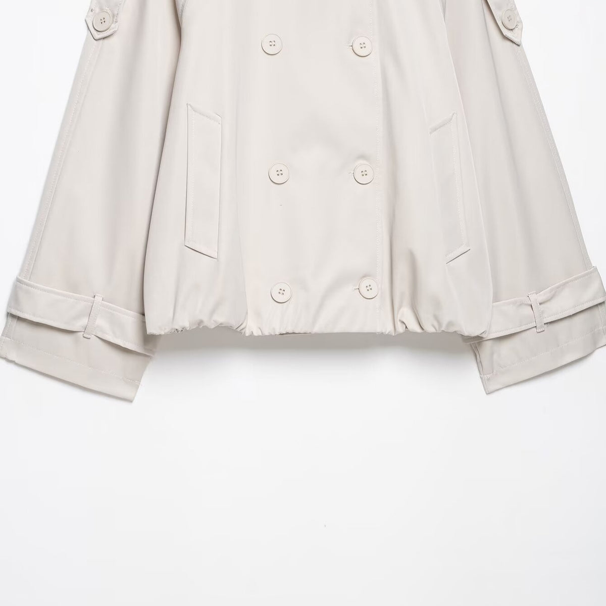 Women Short Cut Cape Trench with High Funnel Collar and Double-Breasted Button Placket EVA-US