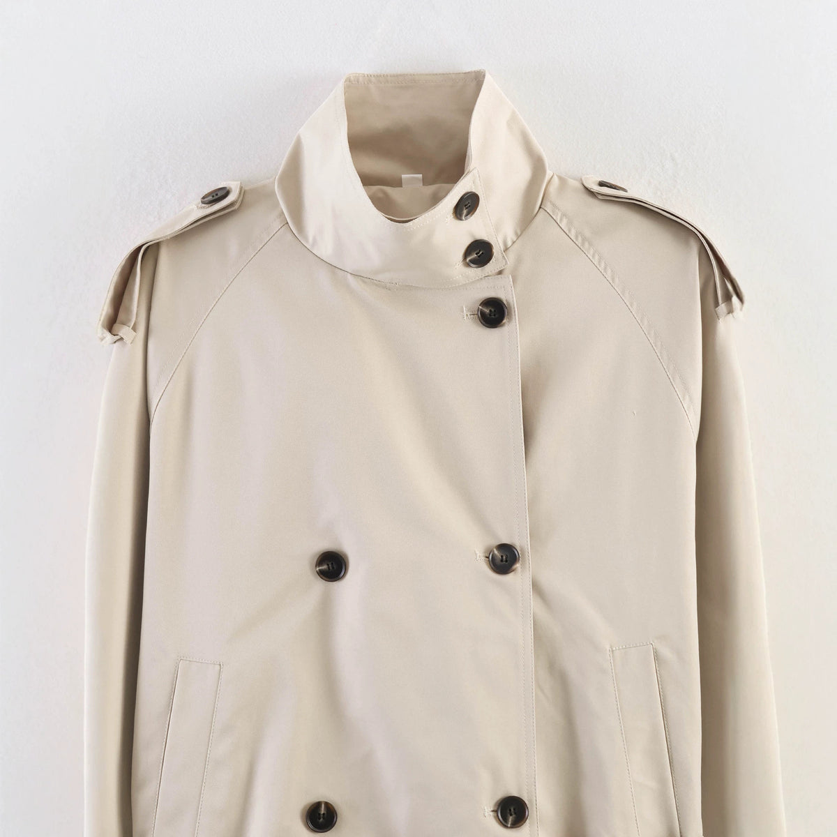 Women's Short Double-Breasted Waist Belt Trench Coat with High Funnel Collar and Shoulder Straps EVA-US