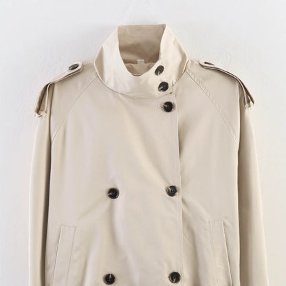 Women's Short Double-Breasted Waist Belt Trench Coat with High Funnel Collar and Shoulder Straps EVA-US