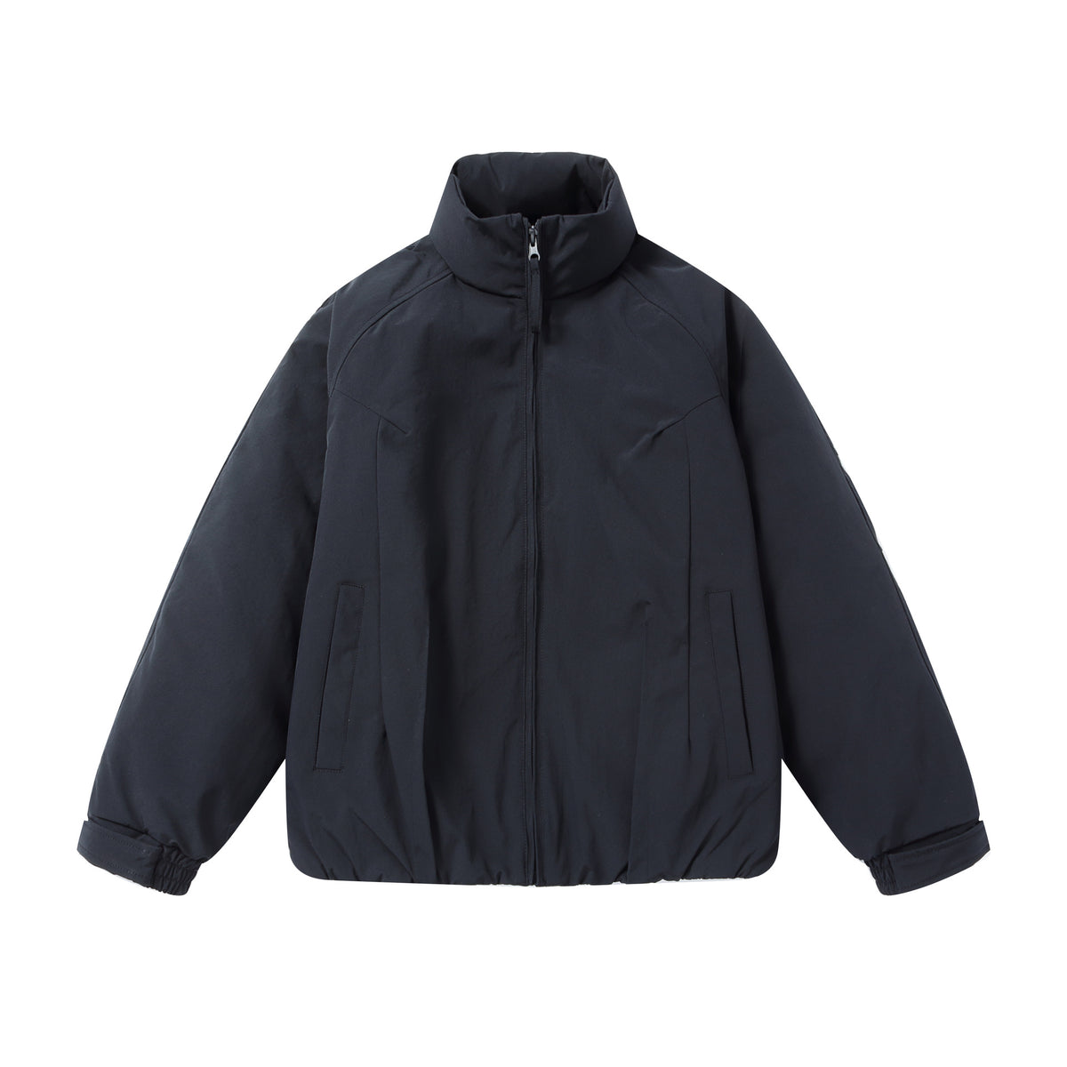 Men's short puffer jacket with protective stand-up collar, concealed zipper, and elastic hem EVA-US