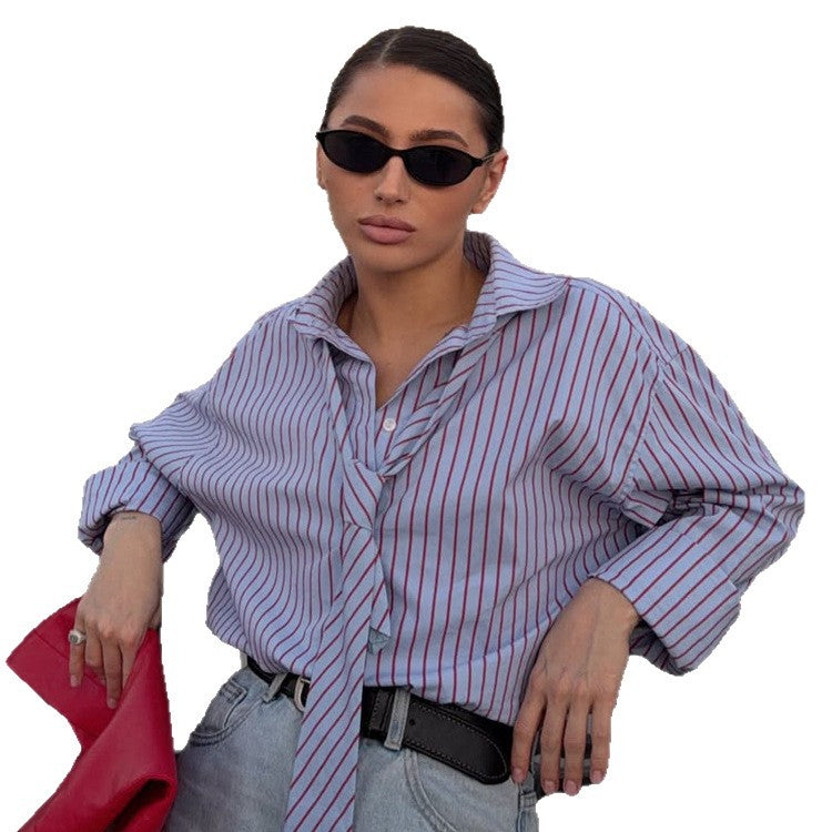 Women's Striped Shirt Blouse with Integrated Tie Detail & Oversized Cut EVA-US