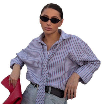 Women's Striped Shirt Blouse with Integrated Tie Detail & Oversized Cut EVA-US