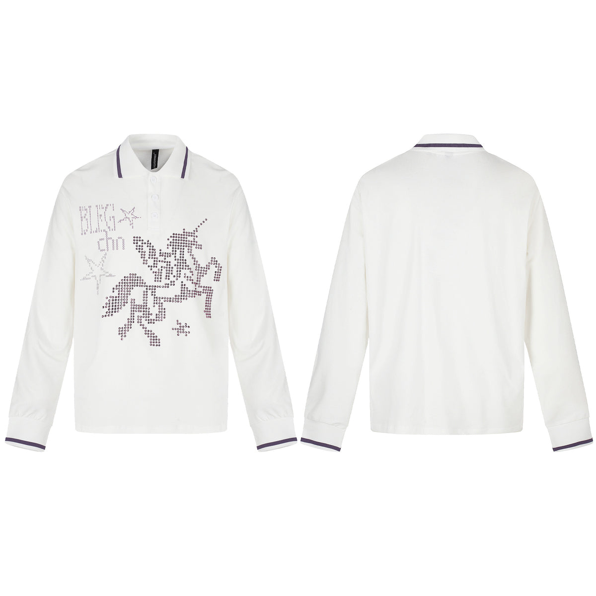 Ladies Long Sleeve Polo Shirt with Rhinestone Application and Contrasting Cuffs EVA-US