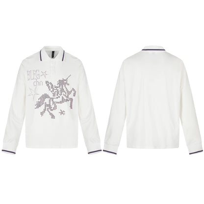 Ladies Long Sleeve Polo Shirt with Rhinestone Application and Contrasting Cuffs EVA-US
