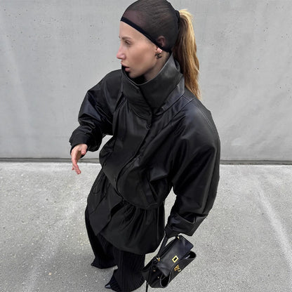 Women Oversize Faux Leather Parka with High Stand-Up Collar and Adjustable Drawstring Hood