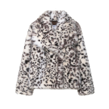 Women's Short Faux Fur Coat with Leopard Print and Shawl Collar EVA-US
