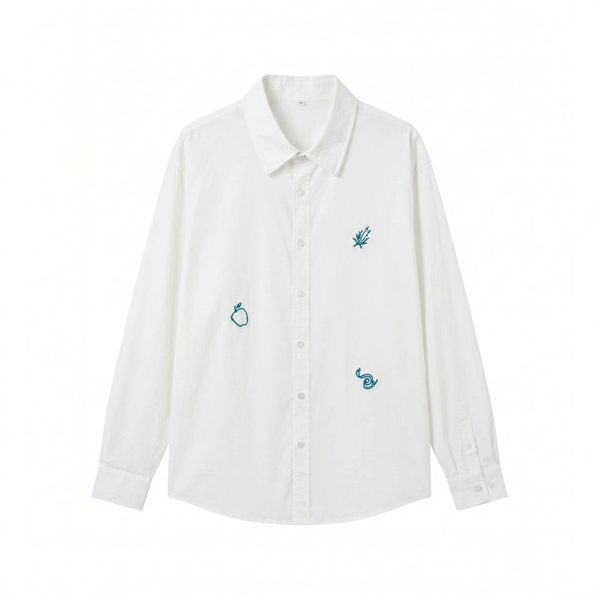 Women's oversized shirt blouse with fine embroidery appliqués and elongated hem down