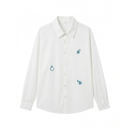 Women's oversized shirt blouse with fine embroidery appliqués and elongated hem down
