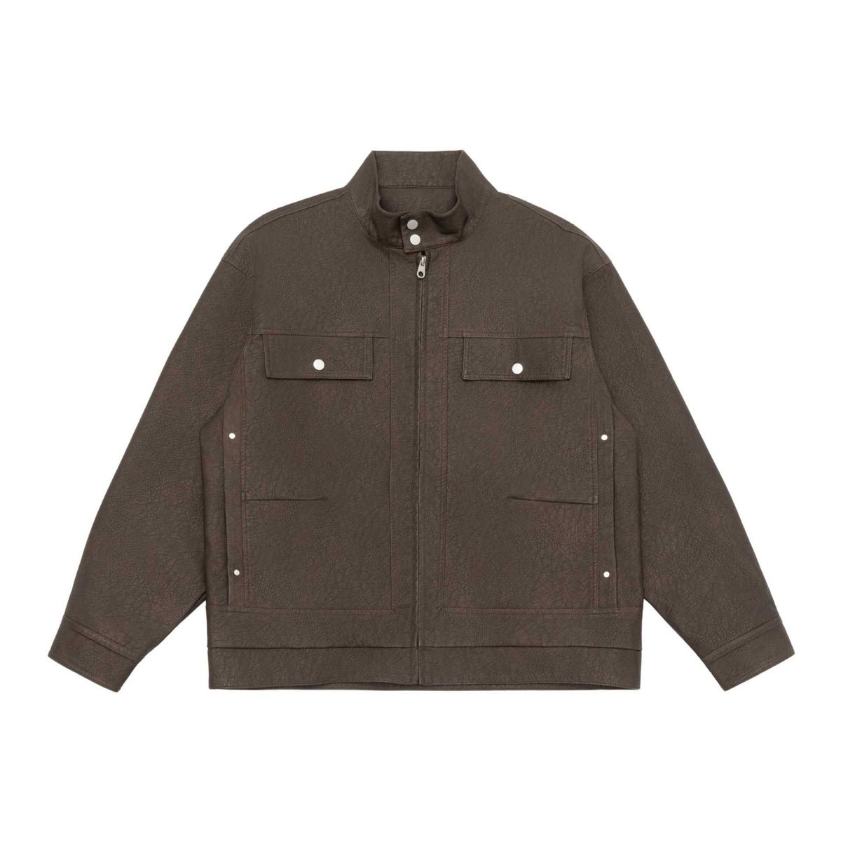 Unisex Boxy-Faux Leather Blouson Jacket with Stand Collar and Flap Pockets EVA-US