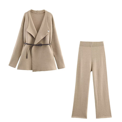 Women's Two-Piece Fine Knit Set with Shawl Collar Cardigan and High-Waist Wide Leg Pants EVA-US