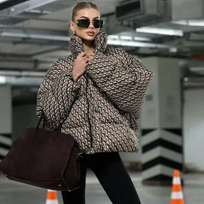 Women Short Quilted Oversized Quilted Jacket with High Shawl Collar EVA-US