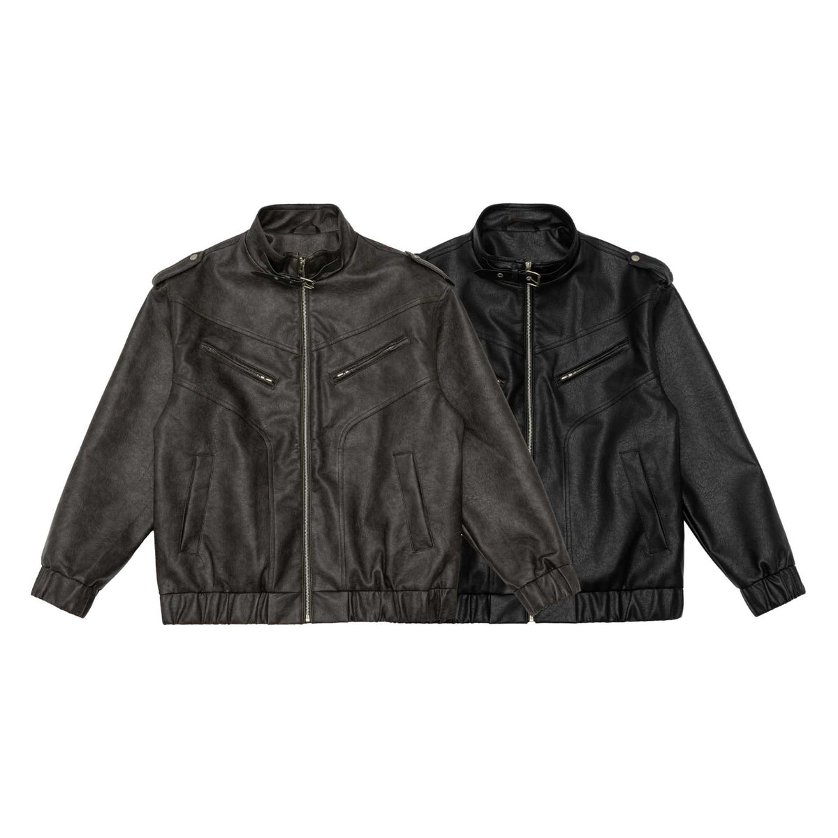 Men's leather bomber jacket with funnel collar and shoulder epaulettes EVA-US