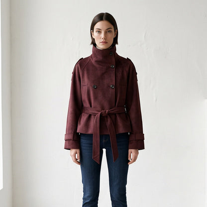 Women's Tailored Short Jacket in Suede Look with Double Breasted and Stand-Up Collar EVA-US