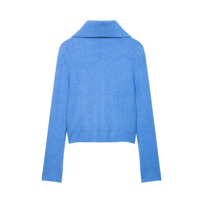 Women's chunky knitted short jacket with zipper, wide collar and ribbed hem EVA-US