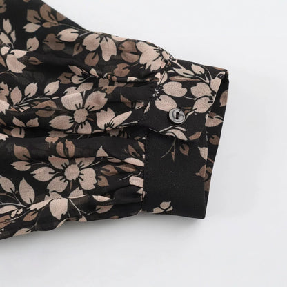 Women Floral Midi Dress with Pleated Top, Stand Collar and Balloon Sleeves EVA-US