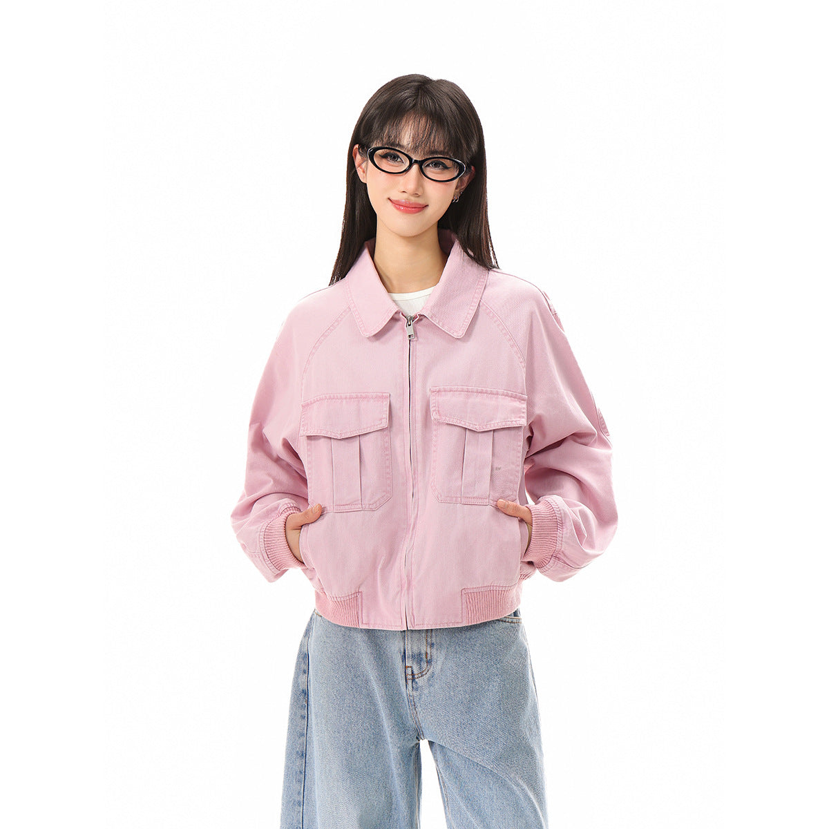 Women's cropped boxy bomber jacket made of cotton blend with flap pockets and full-length zipper EVA-US