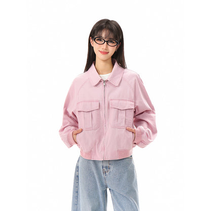 Women's cropped boxy bomber jacket made of cotton blend with flap pockets and full-length zipper EVA-US