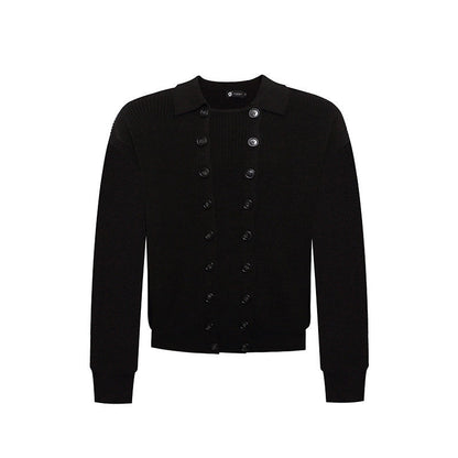 Men's Double-Breasted Knit Cardigan with Shirt Collar and Ribbed Cuffs EVA-US